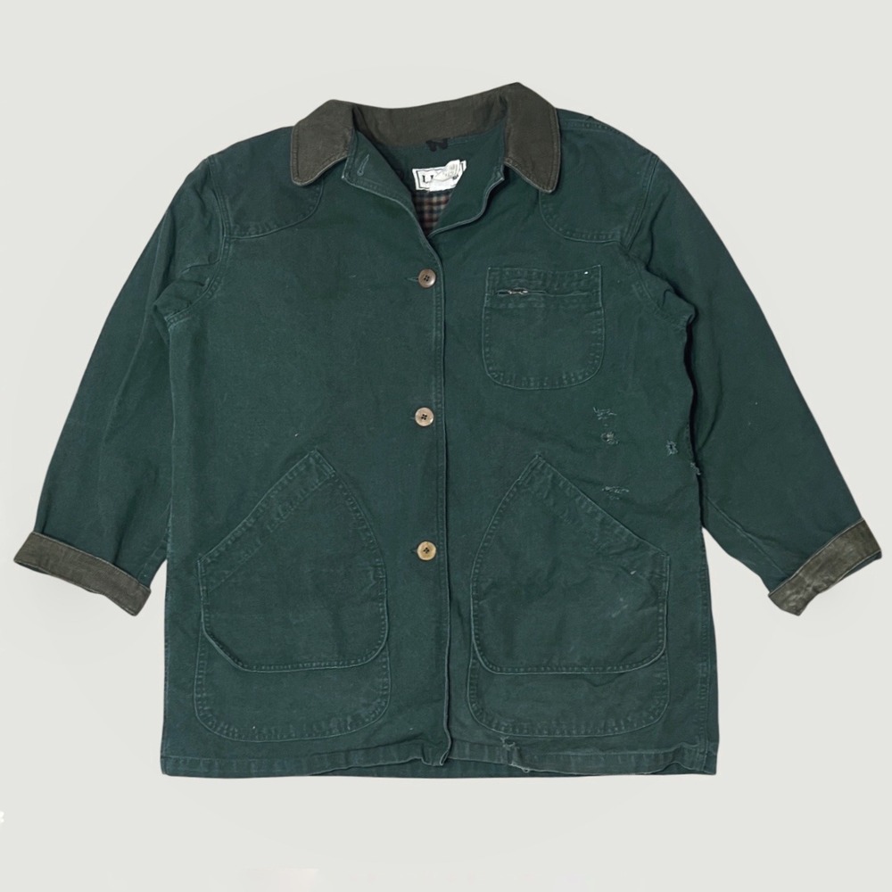 L.L. Bean VTG Distressed Field Coat Barn Chore Jacket Green Plaid Lined Corduroy